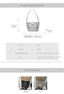Detailed size chart for large capacity sequin tote bag showing dimensions and crossbody strap