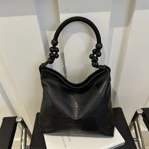 Women Large Capacity PU Leather Tote Bag With Wood Beaded Handle Geometric Patchwork Shoulder Bag Vintage Hobo Commuter Bag