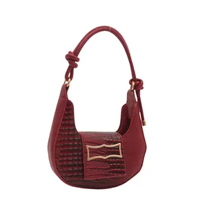 Retro deep red crescent shoulder bag with lychee and crocodile leather patterns