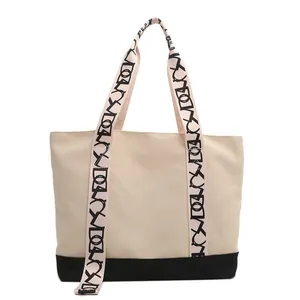 Sac fourre-tout chic en toile bicolore grande capacité avec bandoulières lettrées