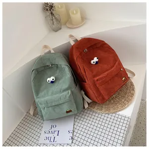 Korean Style Corduroy Backpack For Women Students Cartoon Big Eyes Lightweight School Bag Daily Travel Daypack