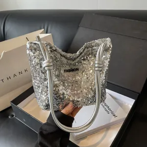 Women Fashion Sequin Tote Bag Large Capacity Urban Minimalist Shoulder Crossbody Bag Knotted Strap Elegant Party Handbag