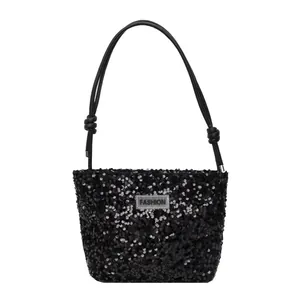Large capacity black sequin tote bag with FASHION label and knotted handles