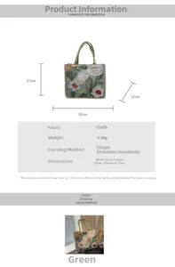 Guide des tailles du sac cabas floral montrant les dimensions 35x27x12cm et le matériau
