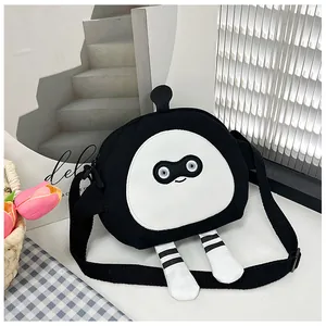 Detail of cute cartoon canvas crossbody bag with funny facial embroidery and striped small legs