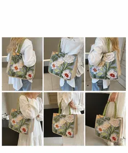 Vues multiples d'un grand sac cabas avec broderie florale 3D et anses en tissu vert