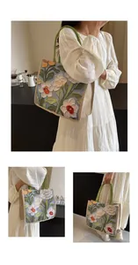 Vue détaillée de la texture florale en relief 3D sur un grand sac cabas en toile