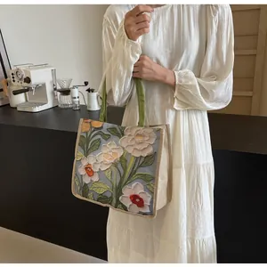 Détail du sac cabas en toile avec broderie florale effet peinture et anses vert olive