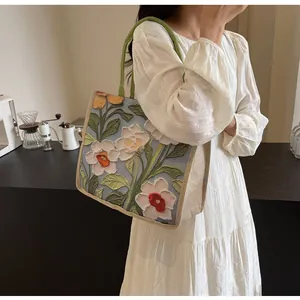 Détail du grand sac cabas bleu avec motifs floraux en relief et anses vertes cylindriques
