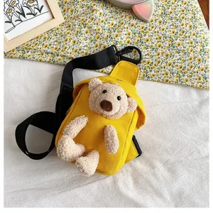 Bolso de lona amarillo con osito de peluche 3D y correa ajustable negra para mujer