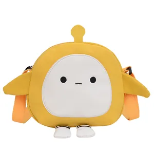 Cute round yellow cartoon canvas crossbody bag with white feet and orange strap