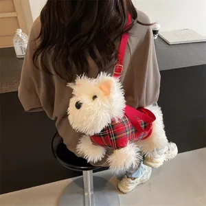 Süße Weiße Plüsch Hund Form Umhängetasche Für Damen Mädchen Rote Tartan Outfit Westie Welpen Mode Süße Schultertasche