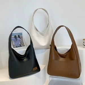 Vintage Large Capacity PU Leather Tote Bag For Women Casual Solid Color Shoulder Bag Fashion Hobo Underarm Bag With Front Pocket