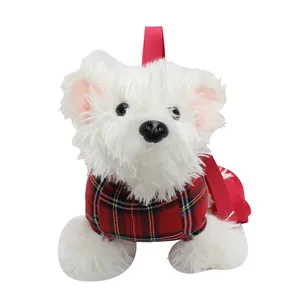 Süße weiße Plüsch-Hunde-Schultertasche mit klassischem roten Schottenkaro-Pullover