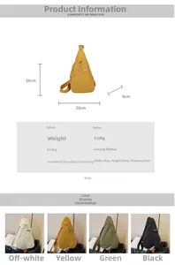 Size chart and specifications for lightweight nylon crossbody bag in four colors