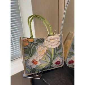 Sac Cabas Floral Artistique pour Femmes Rétro 3D Peinture à l'Huile Grande Capacité Sac à Épaule en Coton et Lin Ethnique