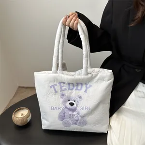 Women's Cute Quilted Puffer Tote Bag Teddy Bear Print Large Capacity Lightweight Shoulder Bag For School Office Commute Daily Use