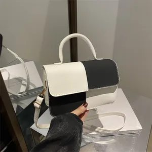 Fashion Color Block Checkered PU Leather Crossbody Bag For Women Small Square Shoulder Bag With Top Handle Golden Hardware Daily Commuting Handbag