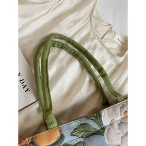 Grand sac cabas en toile à fleurs avec poignées vert olive pour usage quotidien