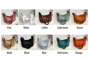 Detailed grid view showcasing 10 vibrant colors of embroidered nylon tote bags