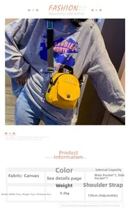 Detail showing dimensions of yellow canvas crossbody bag with adjustable strap and dual pockets