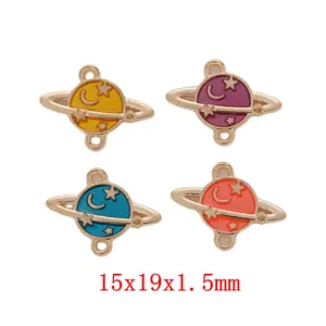 Enamel Alloy Planet Pendants With Gold Moon Star Patterns Double Loop Saturn Charms For DIY Jewelry Making Accessories
