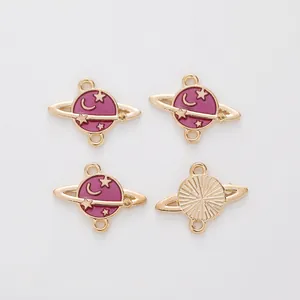 Set of four gold planet alloy charms with purple enamel for DIY jewelry making