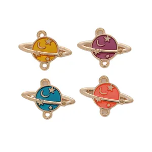 Set of four colorful Saturn enamel planet pendants with gold-plated double hanging rings