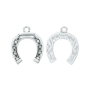 Vintage silver horseshoe charms in zinc alloy with engraved textures for DIY jewelry