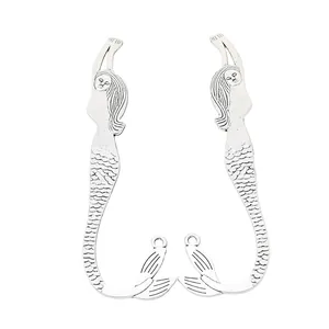 Pair of antique silver mermaid charms with detailed scales and hanging hole for DIY crafts
