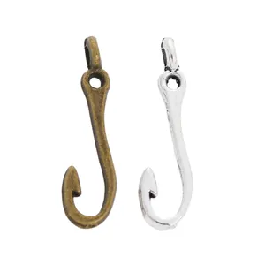 Vintage alloy fish hook pendant charms in antique bronze and silver finishes for DIY jewelry