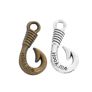 Pendentifs rétro en métal en forme d'hameçon avec gravure 'Hook me' en bronze et argent