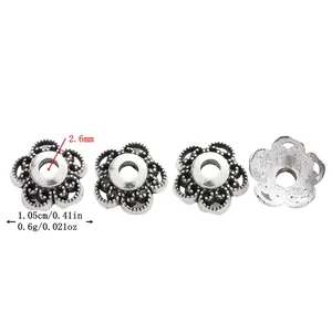 Lot de 4 calottes de perles fleurs en alliage argenté vintage, diamètre 1,05 cm
