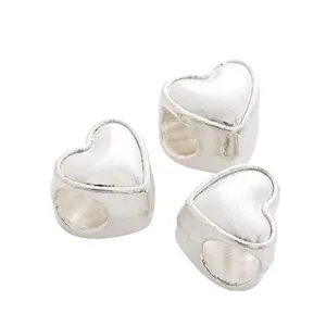 Set of three silver heart-shaped large hole spacer beads for DIY jewelry making