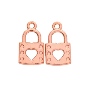 Pair of rose gold heart-shaped lock pendants for DIY jewelry making and necklaces