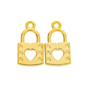 Pair of vintage gold alloy heart-shaped lock charms for DIY jewelry making accessories