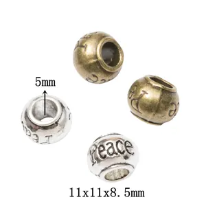 Cuentas de Agujero Grande de Letras de Paz de Aleación Retro para Hacer Joyas DIY Pulsera Europea Collar Metal
