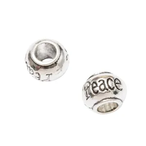 Cuentas vintage de plata con signo de la paz y agujero grande para pulseras y collares DIY