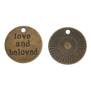 Vintage bronze round zinc alloy charms with Love and Beloved engraving for DIY jewelry