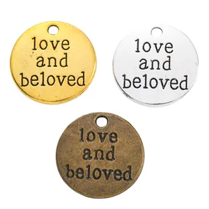 Three-color vintage alloy round pendants with love and beloved engraving and rope holes