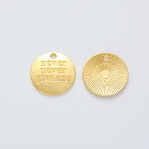 Golden vintage alloy pendant featuring engraved never give up text with sunburst texture