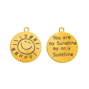 Vintage round sun pendant with You Are My Sunshine engraving for DIY jewelry crafting