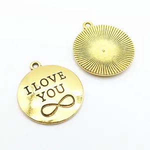 Golden round I LOVE YOU infinity metal charms with radial sun pattern for DIY jewelry