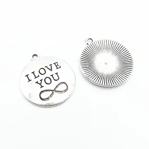 Vintage silver round pendant with I LOVE YOU and infinity symbol for DIY jewelry