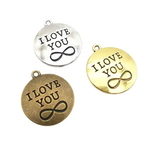 Three-color round DIY alloy pendants with I LOVE YOU and infinity symbol engraving