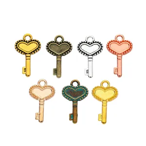 Set of vintage alloy heart key pendants in assorted metallic finishes for DIY jewelry making