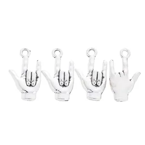 Set of four vintage silver alloy hand charms with rock sign gesture for DIY jewelry making