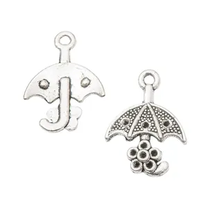 Vintage silver zinc alloy umbrella charms with floral details and dot pattern for DIY jewelry