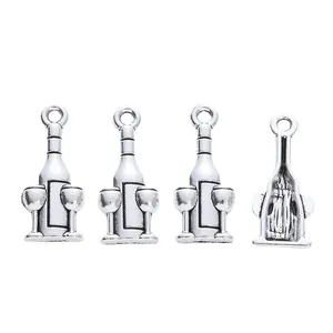 Set of four vintage silver wine bottle and glass charms with hanging loops for DIY jewelry