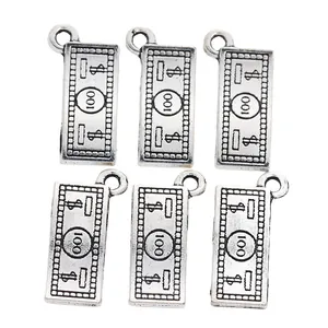 Set of 6 vintage silver alloy rectangle dollar bill pendants for DIY jewelry crafting
